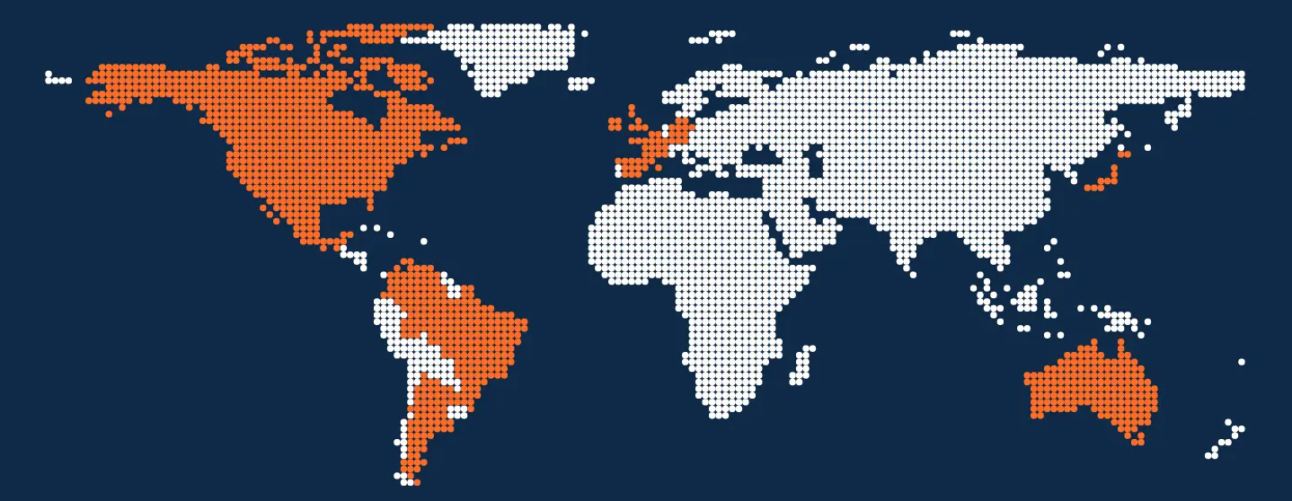 world map with blue backgroung, all countries we have service have orange dotted pattern and every other country has white pattern
